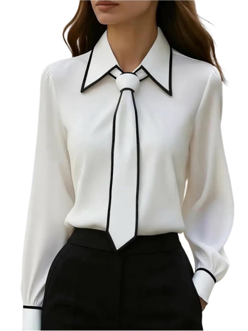Elegant White Tie-Neck Blouse with Black Trim